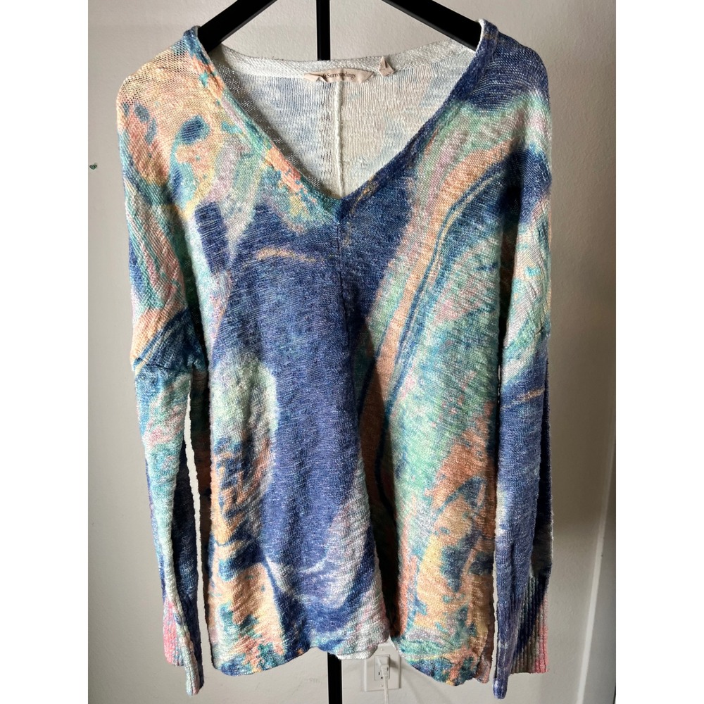Soft Surroundings Womens XL Blue Abstract Marble V-Neck Cotton Sweater